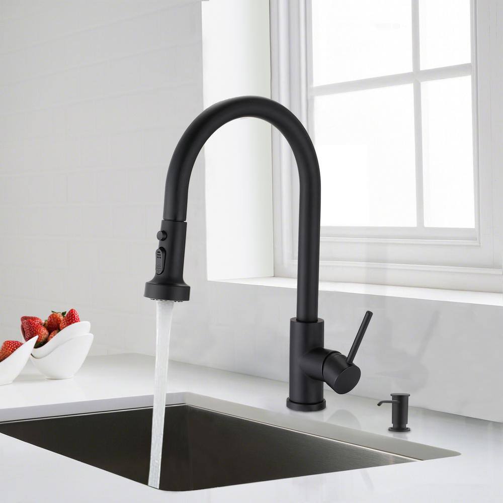 Matte Black Stainless Steel Pull Down Kitchen Faucet with Soap Dispenser