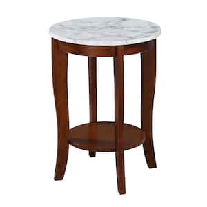 American Heritage White Faux Marble and Espresso Round End Table