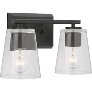 Vertex Collection 12.87 in. 2-Light Matte Black Clear Glass Contemporary Vanity Light