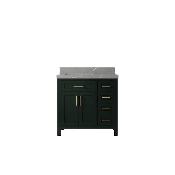 Willow Collections Cambridge 36 in. W x 22 in. D x 36 in. H Left Offset Sink Bath Vanity in Dark Green with 2 in Piatra Quartz Top