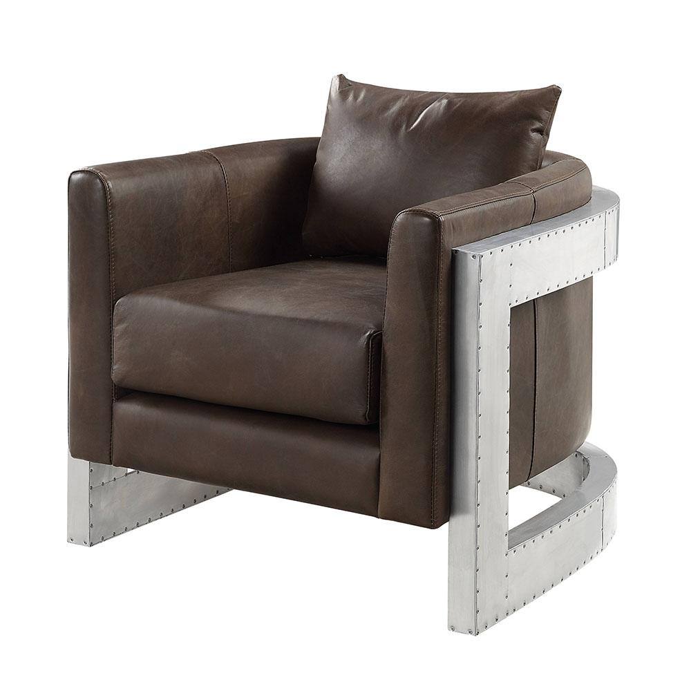 Espresso Brown Leather and Metal Industrial Accent Chair