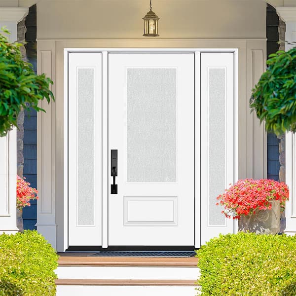 Legacy 64 in. x 80 in. 3/4 Lite Rain Glass RHIS White Fiberglass Prehung Front Door with dB 12 in. SL
