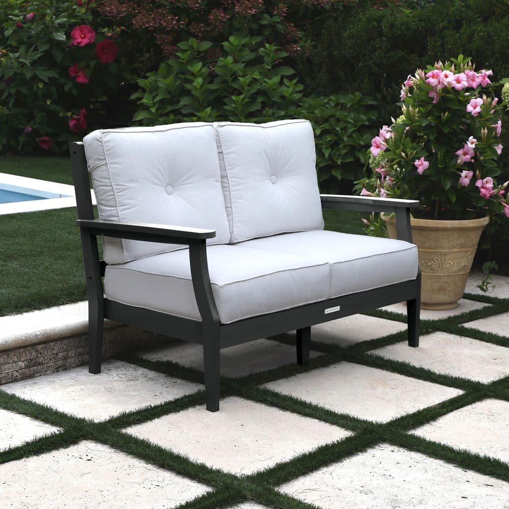 Lehigh Black Recycled Plastic Outdoor Deep Seating Loveseat with Sunbrella Bliss Linen Cushions price history on PriceWatchPro