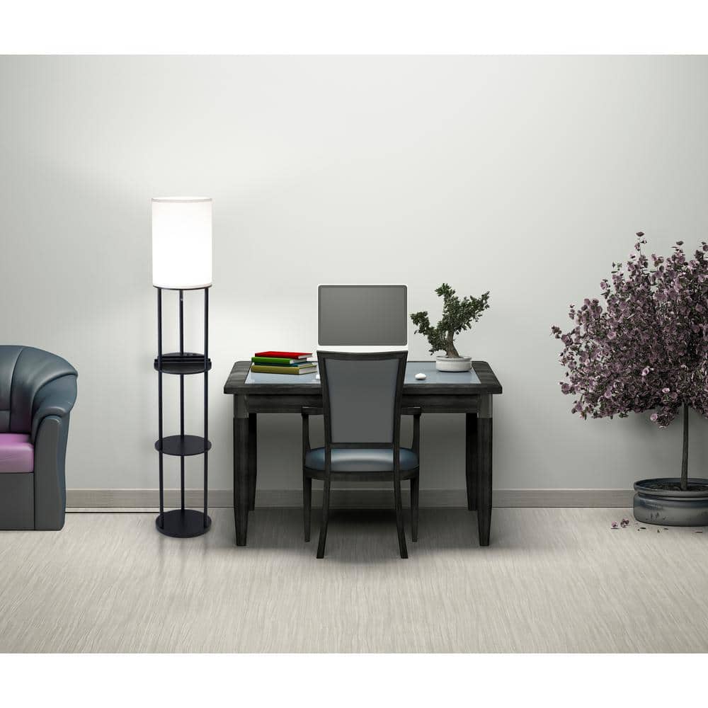 Elegant Black and White Charging Station Shelf Floor Lamp with Linen Shade