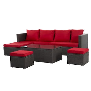 7-Piece Outdoor Patio Red PE Wicker Conversation Set Furniture Set with Elevated 5-Tier Sofa and 1 Table