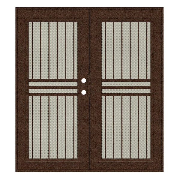 Unique Home Designs 60 in. x 80 in. Plain Bar Copperclad Right-Hand Surface Mount Aluminum Security Door with Beige Perforated Screen