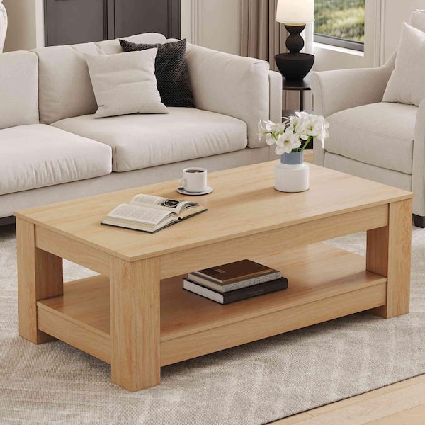 Natural Wood 43.3 in. Rectangle MDF Top Coffee Table for Living Room