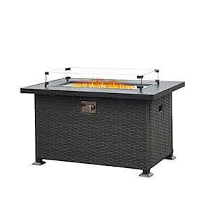 Grey Rectangular Wicker Bar Height Smokeless Fire Pit Table with Glass Wind Guard and Aluminum Tabletop