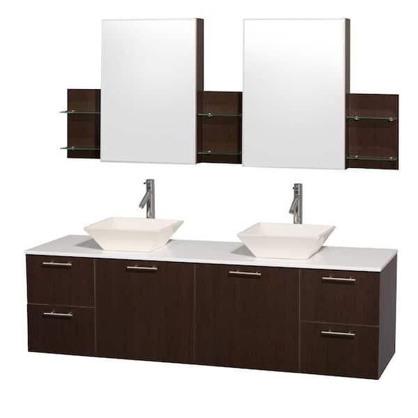 Wyndham Collection Amare 72 in. Double Vanity in Espresso with Man-Made Stone Vanity Top in White and Bone Porcelain Sinks