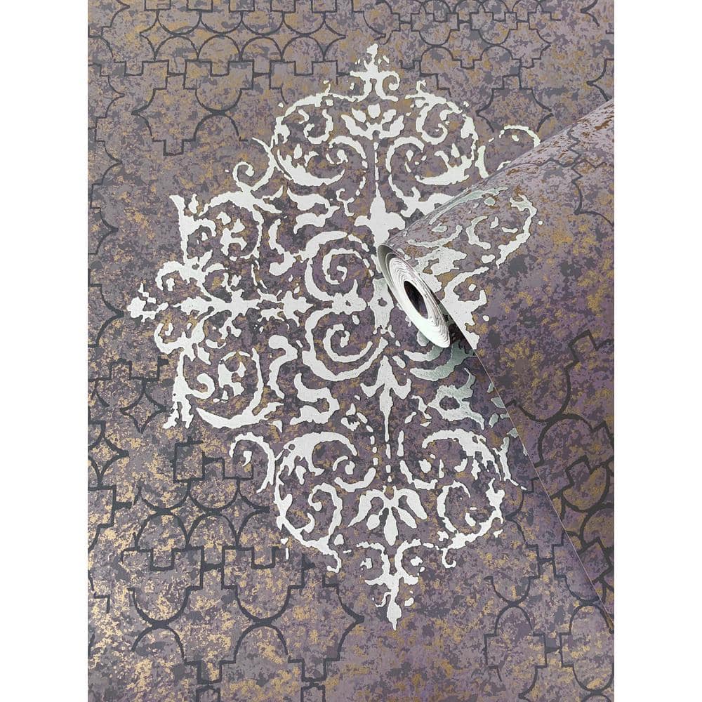 Majestic Purple and Silver Embossed Damask Wallpaper Roll