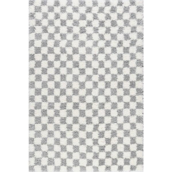 Bettie Retro Checkered Shag Light Grey 7 ft. x 9 ft. Indoor Area Rug
