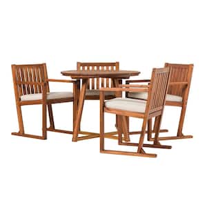 Brown 5-Piece Modern Slatted Wood Geometric Outdoor Dining Set with Bisque Cushions