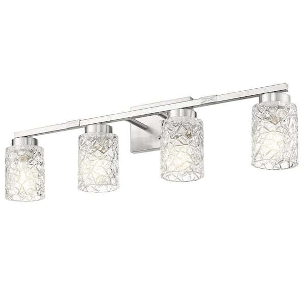 JAZAVA 31 in. 4-Light Brushed Nickel Vanity Light with Clear Glass Geometric Shade Light Fixture