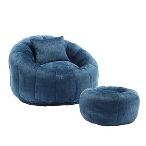 Modern Teal Blue Chenille Pumpkin Shape Bean Bag Accent Chair and Ottoman