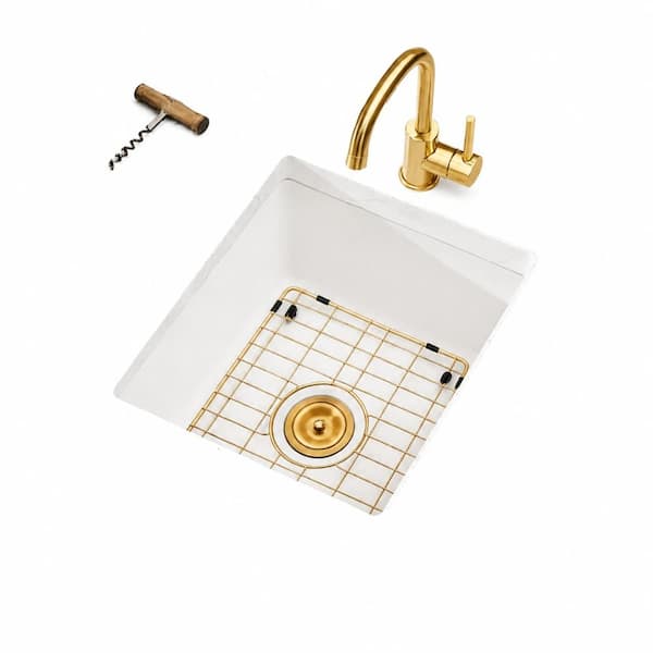 13 in. Undermount or Top-Mount Single Bowl White Granite Composite Bar Sink with Gold Drain and Grid