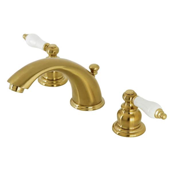 Kingston Brass Magellan 2-Handle 8 in. Widespread Bathroom Faucets with Plastic Pop-Up in Brushed Brass