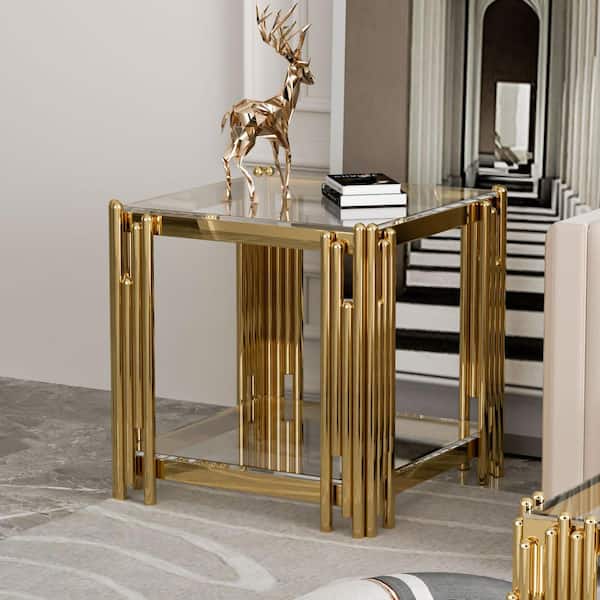 20 in. Clear Square Glass Coffee Table with Tempered Glass and Stainless Steel Legs, 2-Tier Center Table for Living Room