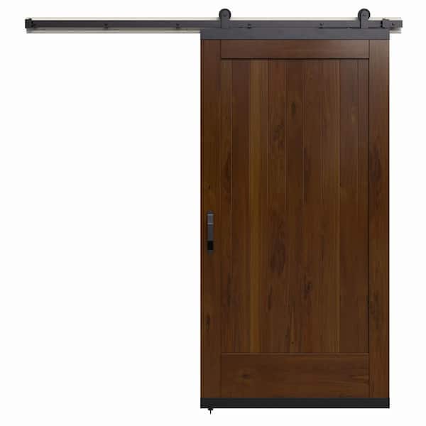 JELD-WEN 36 in. x 80 in. Karona 1 Panel Brown Sugar Stained Rustic Walnut Wood Sliding Barn Door with Hardware Kit