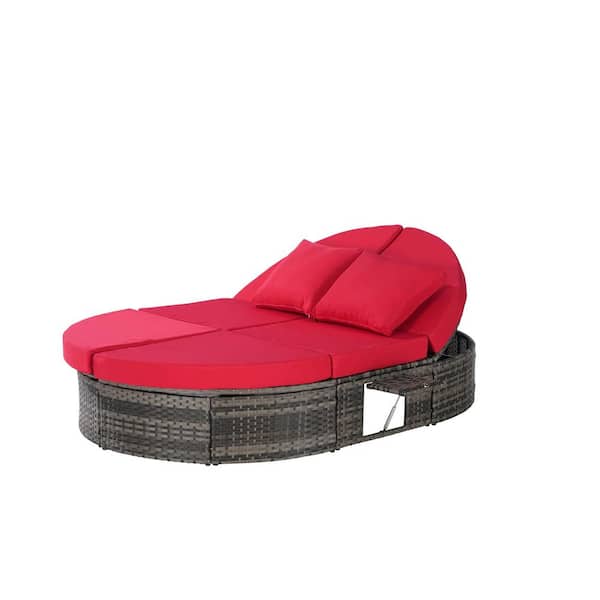 Wicker Outdoor Patio Round Daybed, Chaise Lounge Sun Bed with Red Cushions and Pillows