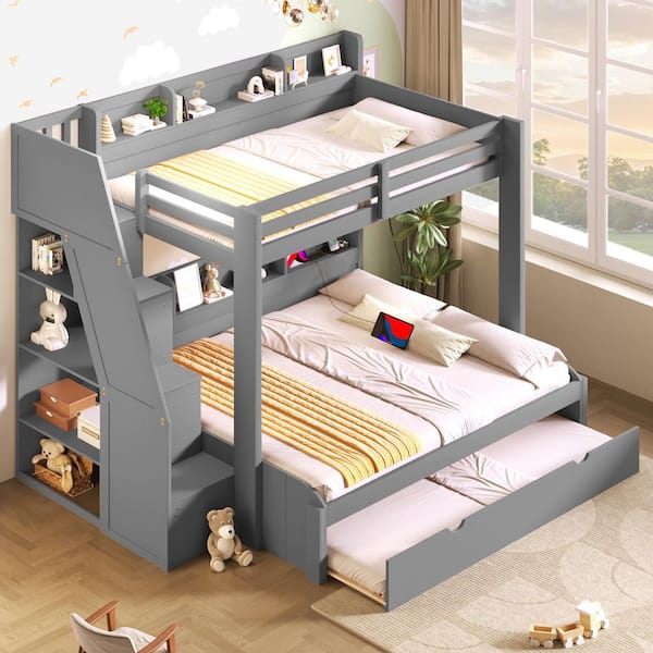 Harper & Bright Designs Gray Twin over Full Bunk Bed with Storage ...