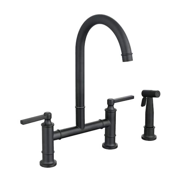 Double Handle Bridge Kitchen Faucet With Side Spray And 360 Degree   Matte Black Bridge Kitchen Faucets Zt W122566144 64 600 