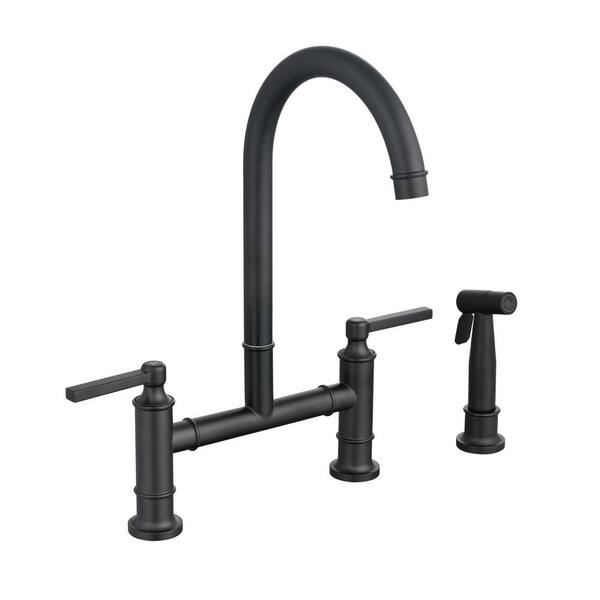 YONKI SUNSHIN INC Double Handle Bridge Kitchen Faucet with Side Spray and 360-Degree Swivel Spout Modern Sink Faucet in Matte Black