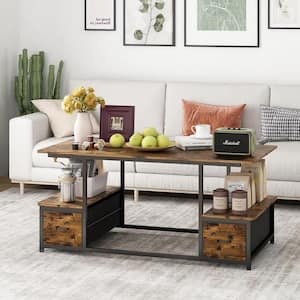 47.2 in. Brown Rectangle Wood 2 Tier Living Room Coffee Table, Open Storage Table, Coffee Table with Drawers