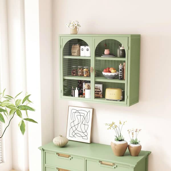 27.56 in. Green Glass-Door Wall Cabinet, Woven Pattern, 3-Tier, for Various Rooms