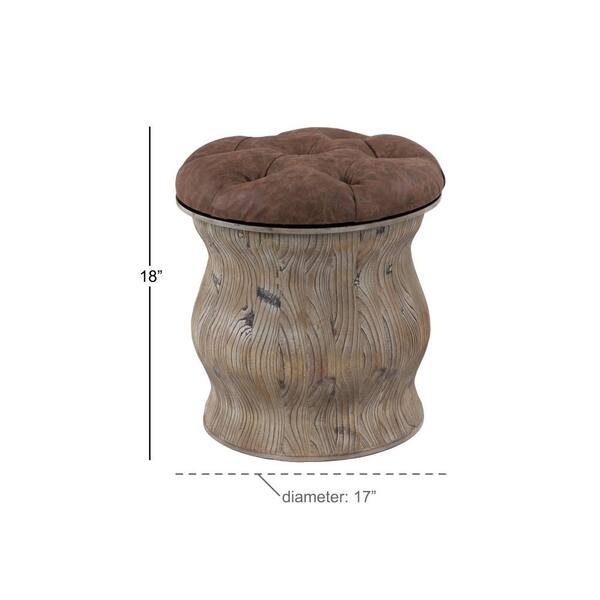 Litton Lane Rustic Wood And Brown Faux, Round Brown Faux Leather Storage Ottoman