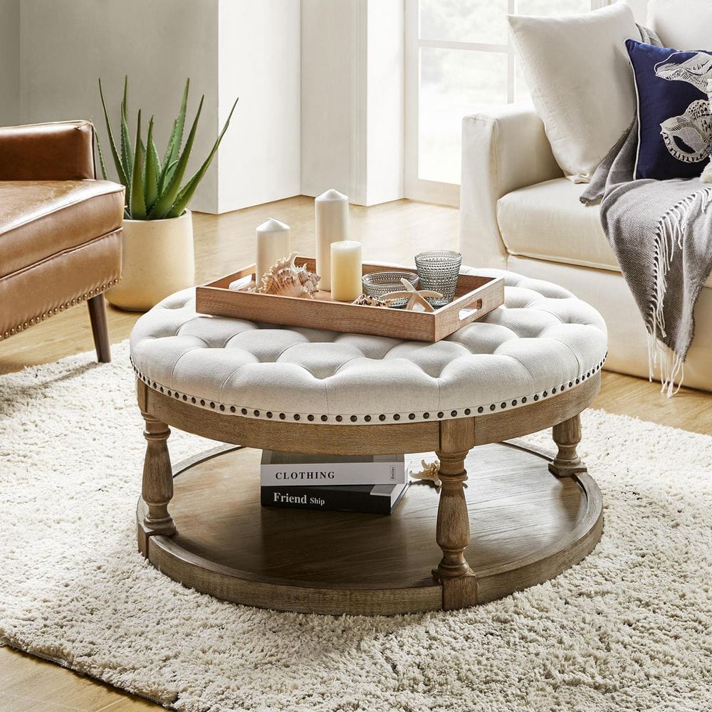 Enipeus Transitional Ivory Polyester Storage Button-tufted Round Small Ottoman with Solid Wood Legs and Nailhead Trim price history on PriceWatchPro