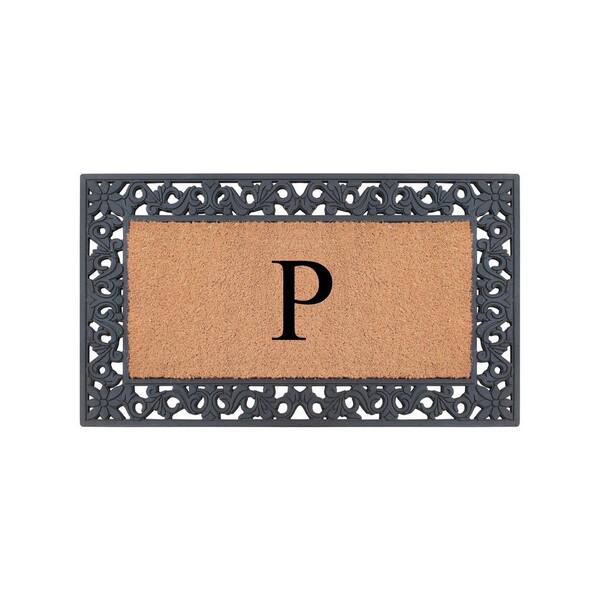 A1 Home Collections A1HC Floral Pattern Black 18 in. x 30 in. Rubber and Coir Outdoor Entrance Durable Monogrammed P Door Mat