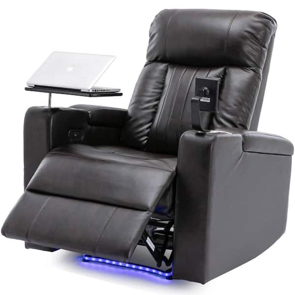 Home Theater Power Recliner in Brown with Storage Arms, Cupholders, Swivel Tray Table and Cell Phone Stand