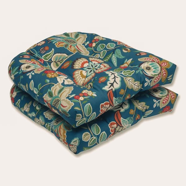 Pillow Perfect Floral 19 in. x 19 in. Outdoor Dining Chair Cushion in Blue/Tan (Set of 2)