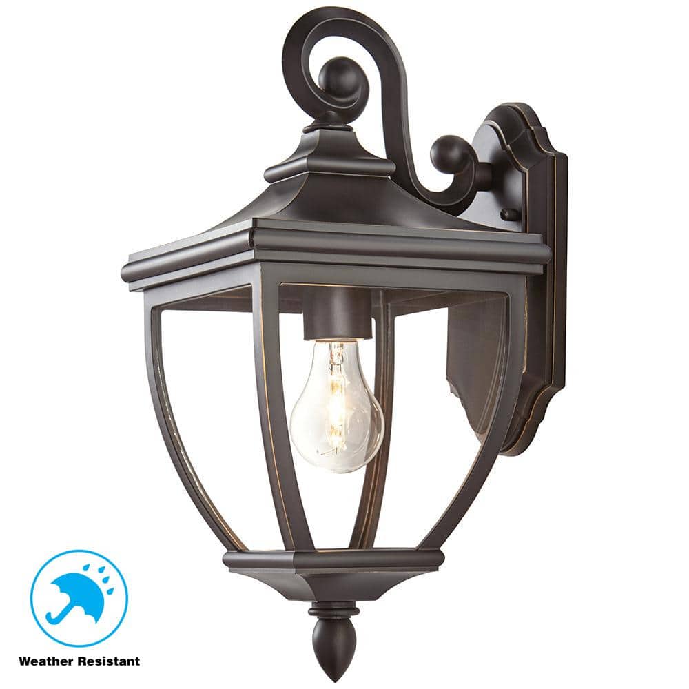 Home Decorators Collection 16.75 in. 1-Light Oil-Rubbed Bronze Outdoor 8  in. Wall Lantern Sconce with Clear Glass 23462 - The Home Depot, image size:1000x1000