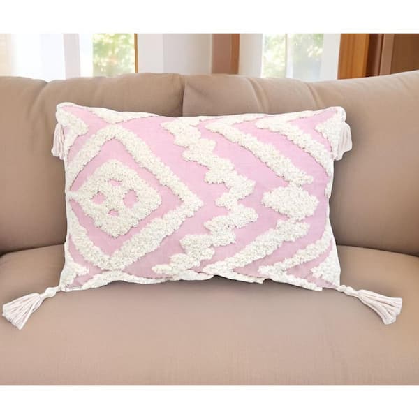 HomeRoots Pink, White Abstract Cotton 13 in. x 20 in. Throw Pillow