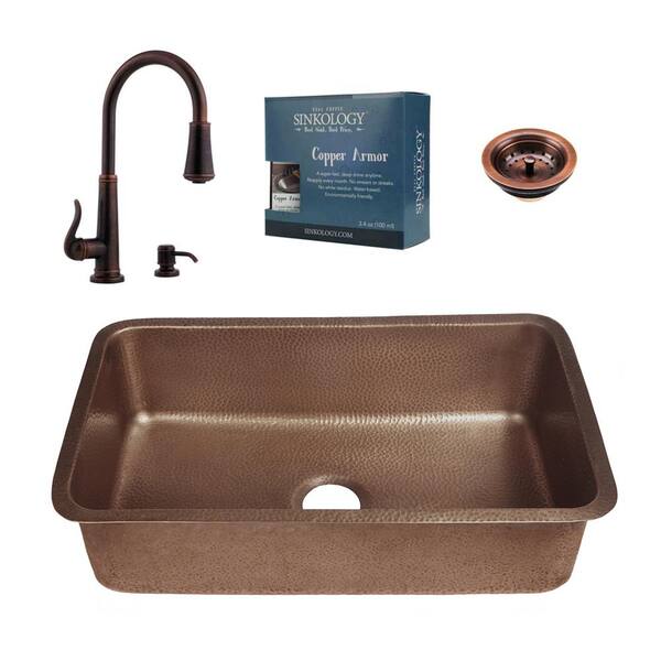 SINKOLOGY Orwell All-in-One Undermount Copper 30 in. Single Bowl Kitchen Sink with Pfister Rustic Bronze Ashfield Faucet and Drain