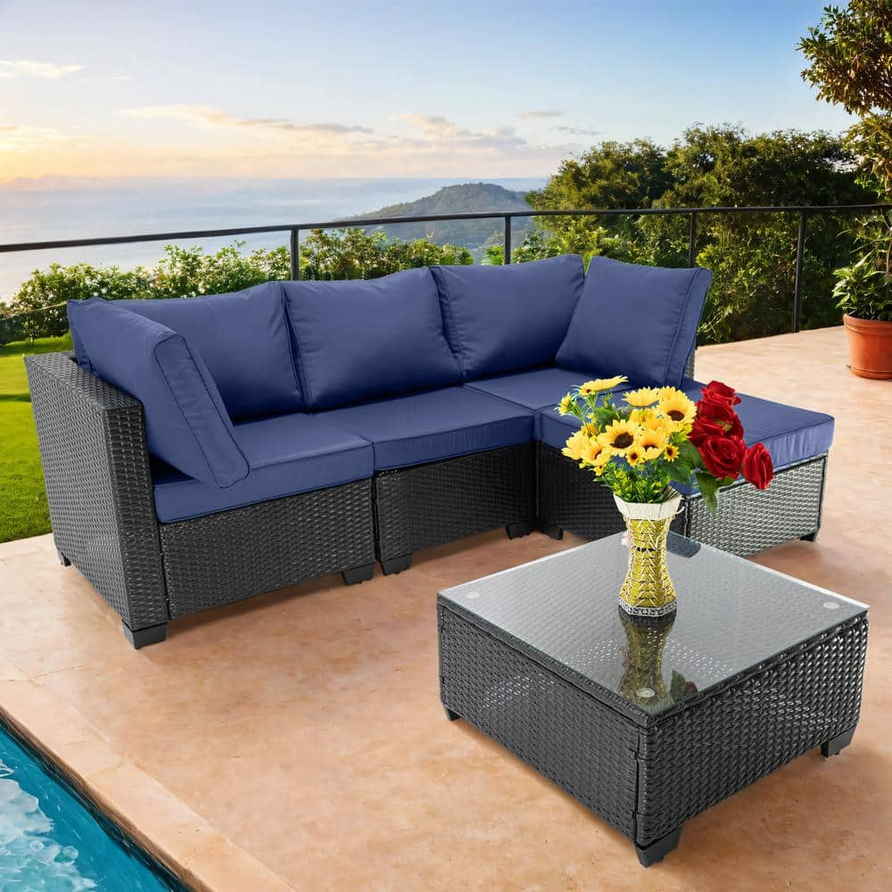 5-Piece Brown Wicker Outdoor Fabric Sofa Sectional Set with Dark Blue Cushion