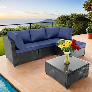 5-Piece Brown Wicker Outdoor Fabric Sofa Sectional Set with Dark Blue Cushion