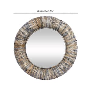 35 in. x 35 in. Round Framed Gray Wall Mirror with Coiled Frame and Blue Accents