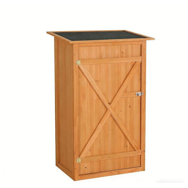 Outdoor wooden tool Shed with a flat roof, featuring a lockable