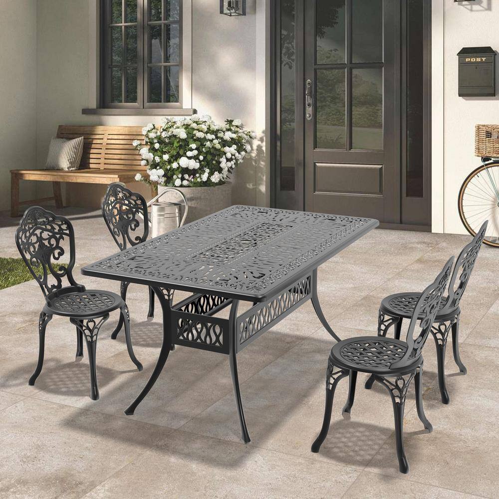 Black 5-Piece of Cast Aluminum Outdoor Patio Dining Set with 58.27 in. x 34.65 in. Rectangular Table and Armless Chairs