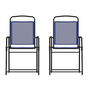 Black Steel Outdoor Lounge Chair in Blue (Set of 2)