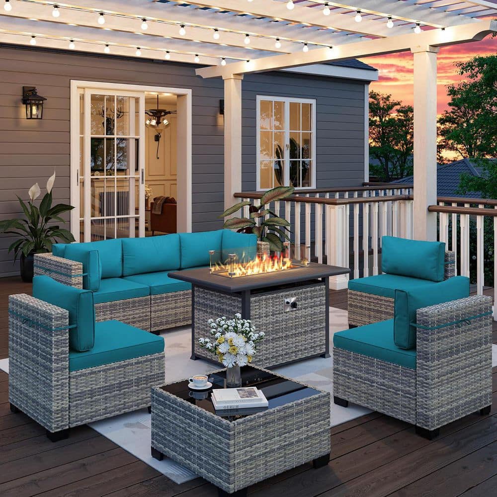8-Piece Wicker Patio Conversation Set with 55,000 BTU Fire Pit Table and Glass Top Table with Turquoise Cushions price history on PriceWatchPro