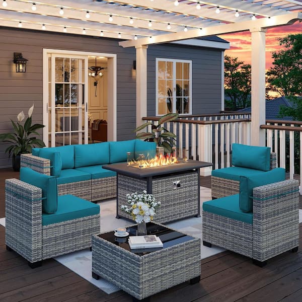 8-Piece Wicker Patio Conversation Set with 55,000 BTU Fire Pit Table and Glass Top Table with Turquoise Cushions
