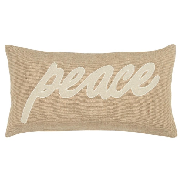 Unbranded Tan/Beige "Peace" Sentiment Cotton Poly Filled 11 in. X 21 in. Decorative Throw Pillow