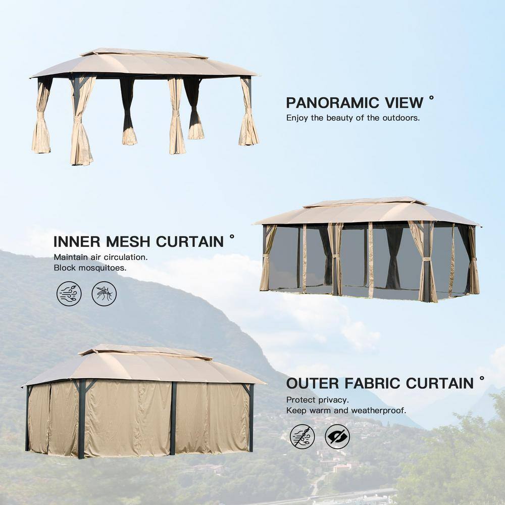 10x20ft Brown Steel Patio Gazebo with Mosquito Net and Curtains