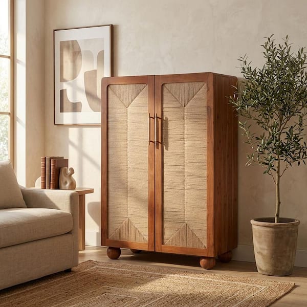 Brown Acacia Wood 40 in. Armoire with Woven Panel Doors and Interior Shelves