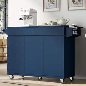 Navy Blue Wood 53 in. Kitchen Island Cart with Drop Leaf/Spice Rack/Towel Rack and Drawers