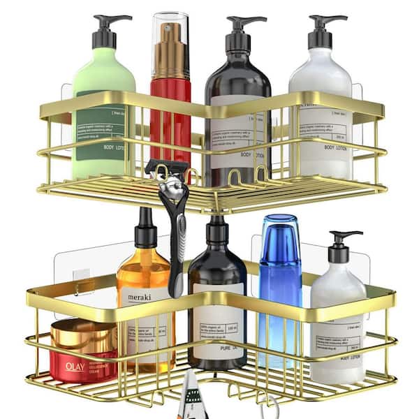 maifey Shower Caddy No Drilling, Champagne Gold Bathroom Wall Shelf Shower Shelves with Hooks, Metal Bathroom Shelf Organizer for Shampoo, Rust