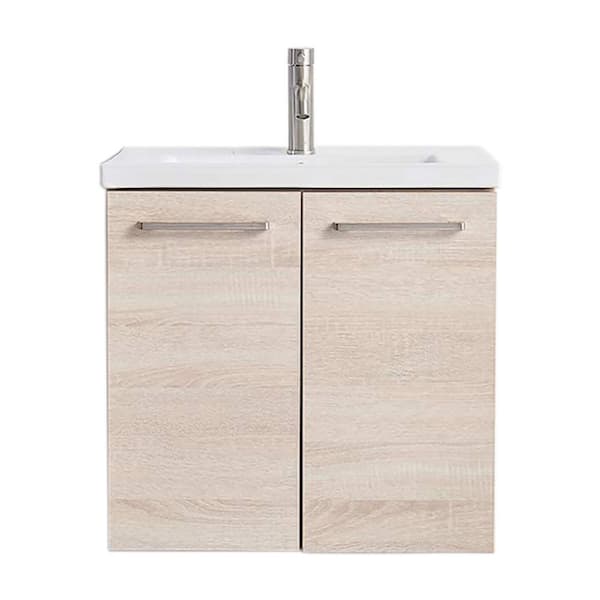 VC CUCINE 24 in. W x 18 in. D x 22 in. H Wall Mounted Bathroom Vanity in Danube Oak with White Ceramic Top With White Single Sink